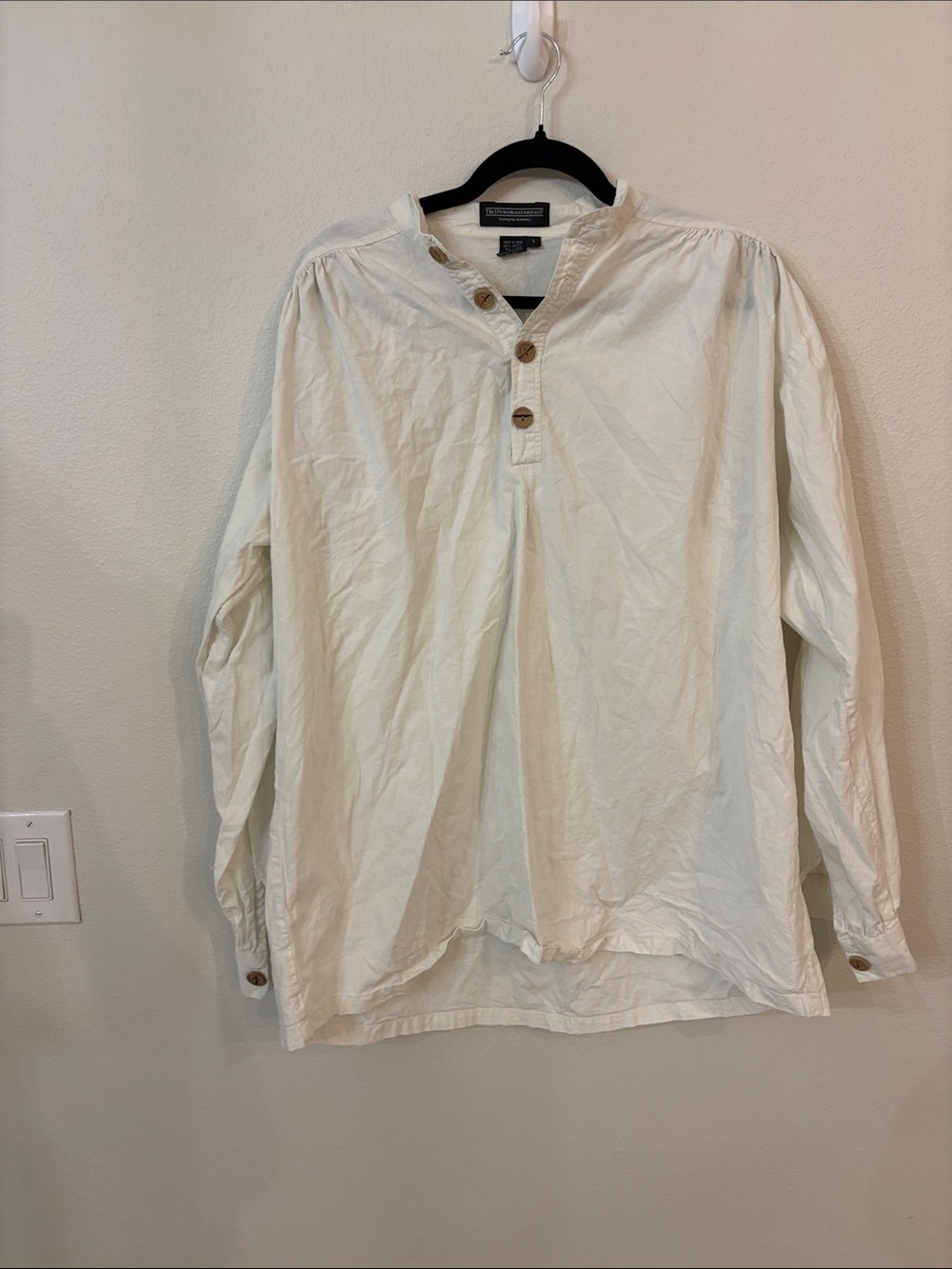 VTG 80s 90s J Peterman White Cotton Poet Shirt Mens L Gatsby Henley Band Collar